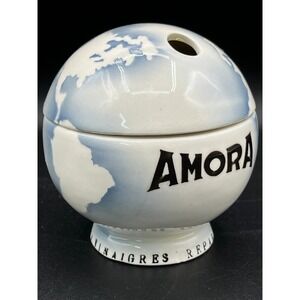 Vtg Amora Globe Mustard Pot Jar World Map Digoin Sarreguemines France Moutardier